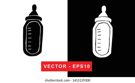 Black and White Vector Illustration of Hand Drawn Sketch of Baby Milk Bottle Icon on Isolated Background