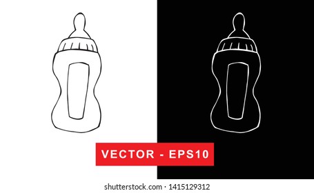 Black and White Vector Illustration of Hand Drawn Sketch of Baby Milk Bottle Icon on Isolated Background