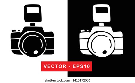 Black and White Vector Illustration of Hand Drawn Sketch of Camera Photography Icon on Isolated Background