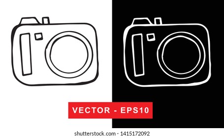 Black and White Vector Illustration of Hand Drawn Sketch of Camera Photography Icon on Isolated Background