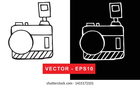 Black and White Vector Illustration of Hand Drawn Sketch of Camera Photography Icon on Isolated Background