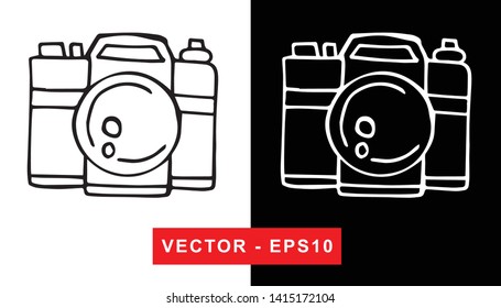 Black and White Vector Illustration of Hand Drawn Sketch of Camera Photography Icon on Isolated Background