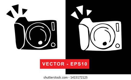 Black and White Vector Illustration of Hand Drawn Sketch of Camera Photography Icon on Isolated Background