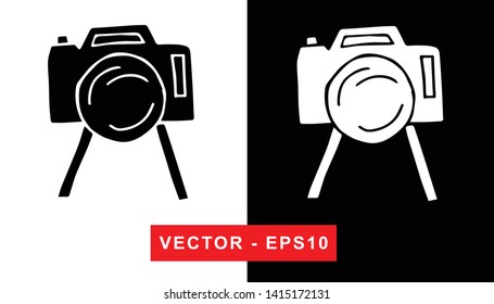 Black and White Vector Illustration of Hand Drawn Sketch of Camera Photography Icon on Isolated Background