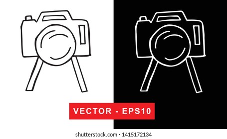 Black and White Vector Illustration of Hand Drawn Sketch of Camera Photography Icon on Isolated Background