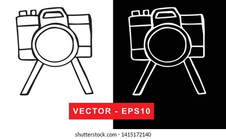 Black and White Vector Illustration of Hand Drawn Sketch of Camera Photography Icon on Isolated Background