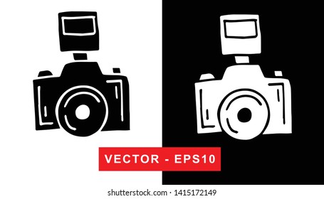 Black and White Vector Illustration of Hand Drawn Sketch of Camera Photography Icon on Isolated Background