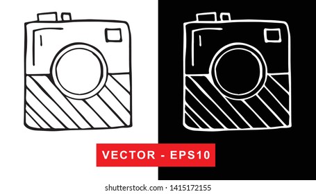 Black and White Vector Illustration of Hand Drawn Sketch of Camera Photography Icon on Isolated Background