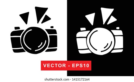 Black and White Vector Illustration of Hand Drawn Sketch of Camera Photography Icon on Isolated Background