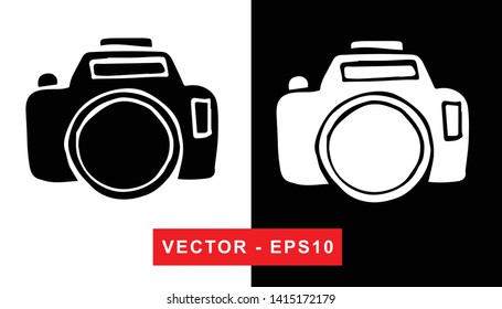 Black and White Vector Illustration of Hand Drawn Sketch of Camera Photography Icon on Isolated Background
