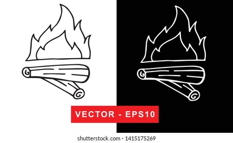 Black and White Vector Illustration of Hand Drawn Sketch of Bonfire Camping and Picnic Icon on Isolated Background