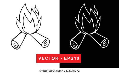 Black and White Vector Illustration of Hand Drawn Sketch of Bonfire Camping and Picnic Icon on Isolated Background