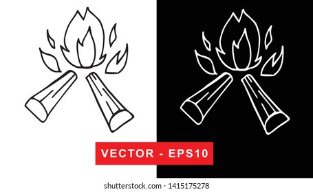 Black and White Vector Illustration of Hand Drawn Sketch of Bonfire Camping and Picnic Icon on Isolated Background