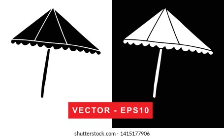 Black and White Vector Illustration of Hand Drawn Sketch of Umbrella for Picnic and Rainy Season Icon on Isolated Background