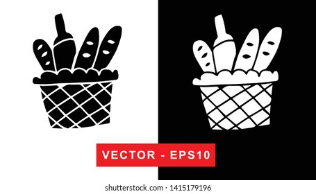 Black and White Vector Illustration of Hand Drawn Sketch of Basket with Foods For Picnic Icon on Isolated Background