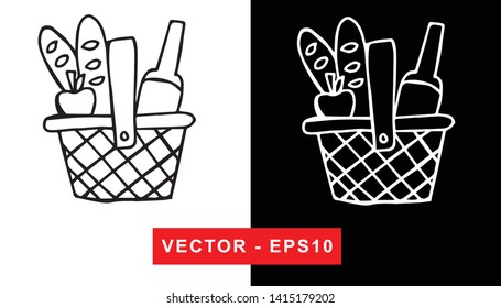 Black and White Vector Illustration of Hand Drawn Sketch of Basket with Foods For Picnic Icon on Isolated Background