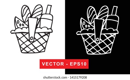 Black and White Vector Illustration of Hand Drawn Sketch of Basket with Foods For Picnic Icon on Isolated Background