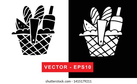 Black and White Vector Illustration of Hand Drawn Sketch of Basket with Foods For Picnic Icon on Isolated Background