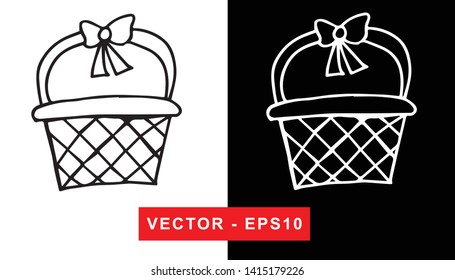 Black and White Vector Illustration of Hand Drawn Sketch of Basket with Foods For Picnic Icon on Isolated Background