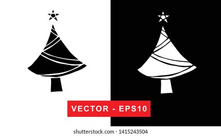 Black and White Vector Illustration of Hand Drawn Sketch of Christmas and Holiday Pine Tree Icon on Isolated Background