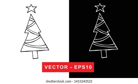 Black and White Vector Illustration of Hand Drawn Sketch of Christmas and Holiday Pine Tree Icon on Isolated Background