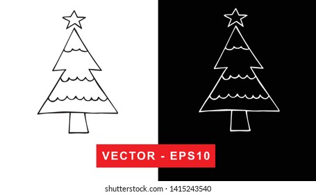 Black and White Vector Illustration of Hand Drawn Sketch of Christmas and Holiday Pine Tree Icon on Isolated Background