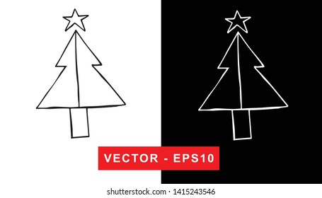 Black and White Vector Illustration of Hand Drawn Sketch of Christmas and Holiday Pine Tree Icon on Isolated Background