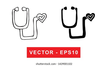 Black and White Vector Illustration of Hand Drawn Sketch of Stethoscope for Medical Health Icon on Isolated Background