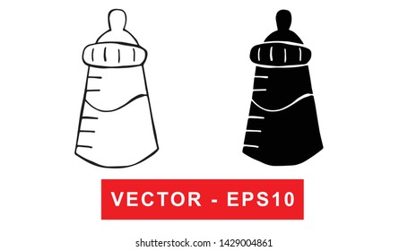Black and White Vector Illustration of Hand Drawn Sketch of Baby Bottle Drinks Icon on Isolated Background