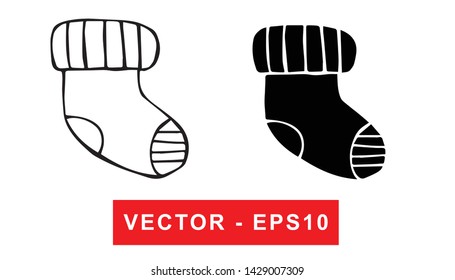 Black and White Vector Illustration of Hand Drawn Sketch of Baby Socks Icon on Isolated Background