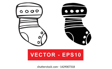 Black and White Vector Illustration of Hand Drawn Sketch of Baby Socks Icon on Isolated Background