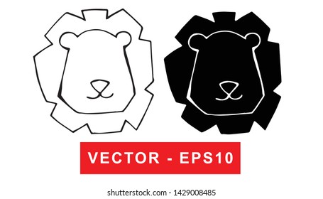 Black and White Vector Illustration of Hand Drawn Sketch of Lion Animal Icon on Isolated Background