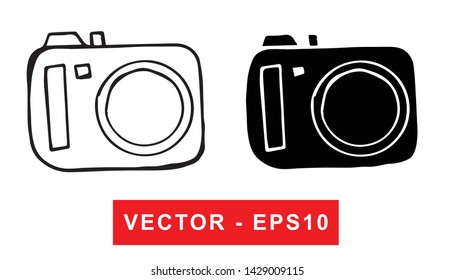 Black and White Vector Illustration of Hand Drawn Sketch of Camera Photography Icon on Isolated Background