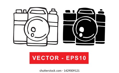 Black and White Vector Illustration of Hand Drawn Sketch of Camera Photography Icon on Isolated Background