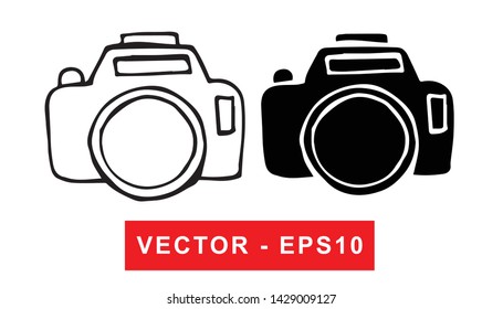 Black and White Vector Illustration of Hand Drawn Sketch of Camera Photography Icon on Isolated Background