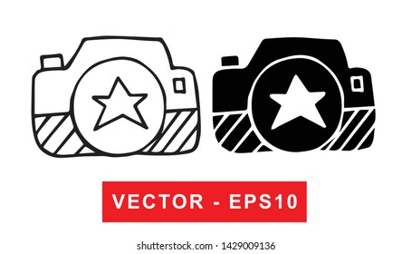 Black and White Vector Illustration of Hand Drawn Sketch of Camera Photography Icon on Isolated Background