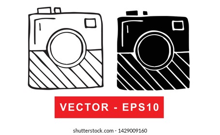 Black and White Vector Illustration of Hand Drawn Sketch of Camera Photography Icon on Isolated Background