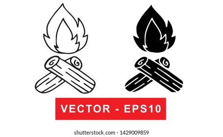 Black and White Vector Illustration of Hand Drawn Sketch of Bonfire for Camping Icon on Isolated Background