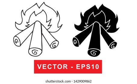 Black and White Vector Illustration of Hand Drawn Sketch of Bonfire for Camping Icon on Isolated Background