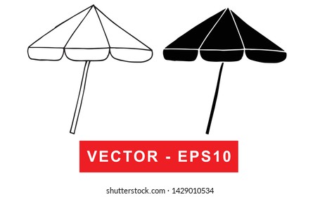 Black and White Vector Illustration of Hand Drawn Sketch of Umbrella Icon on Isolated Background