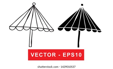 Black and White Vector Illustration of Hand Drawn Sketch of Umbrella Icon on Isolated Background