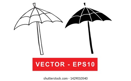 Black and White Vector Illustration of Hand Drawn Sketch of Umbrella Icon on Isolated Background