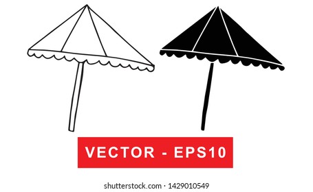 Black and White Vector Illustration of Hand Drawn Sketch of Umbrella Icon on Isolated Background