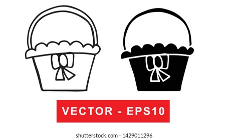 Black and White Vector Illustration of Hand Drawn Sketch of Basket for Picnic Icon on Isolated Background