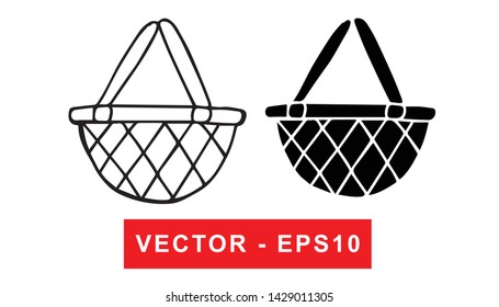 Black and White Vector Illustration of Hand Drawn Sketch of Basket for Picnic Icon on Isolated Background