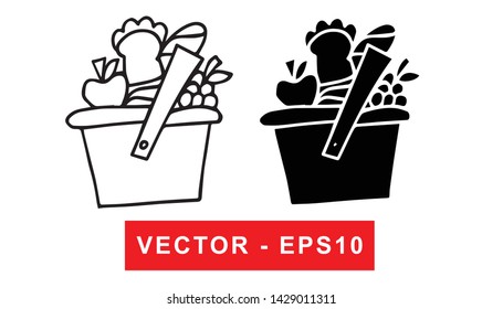 Black and White Vector Illustration of Hand Drawn Sketch of Basket for Picnic Icon on Isolated Background