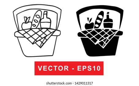 Black and White Vector Illustration of Hand Drawn Sketch of Basket for Picnic Icon on Isolated Background