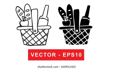 Black and White Vector Illustration of Hand Drawn Sketch of Basket for Picnic Icon on Isolated Background