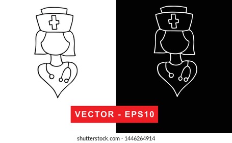 Black and White Vector Illustration of Hand Drawn Sketch of Nurse with Uniform for Medical, Hospital, and Health Care Icon on Isolated Background