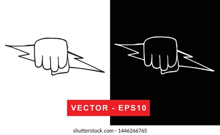 Black and White Vector Illustration of Hand Drawn Sketch of Strong Hand Power Icon on Isolated Background